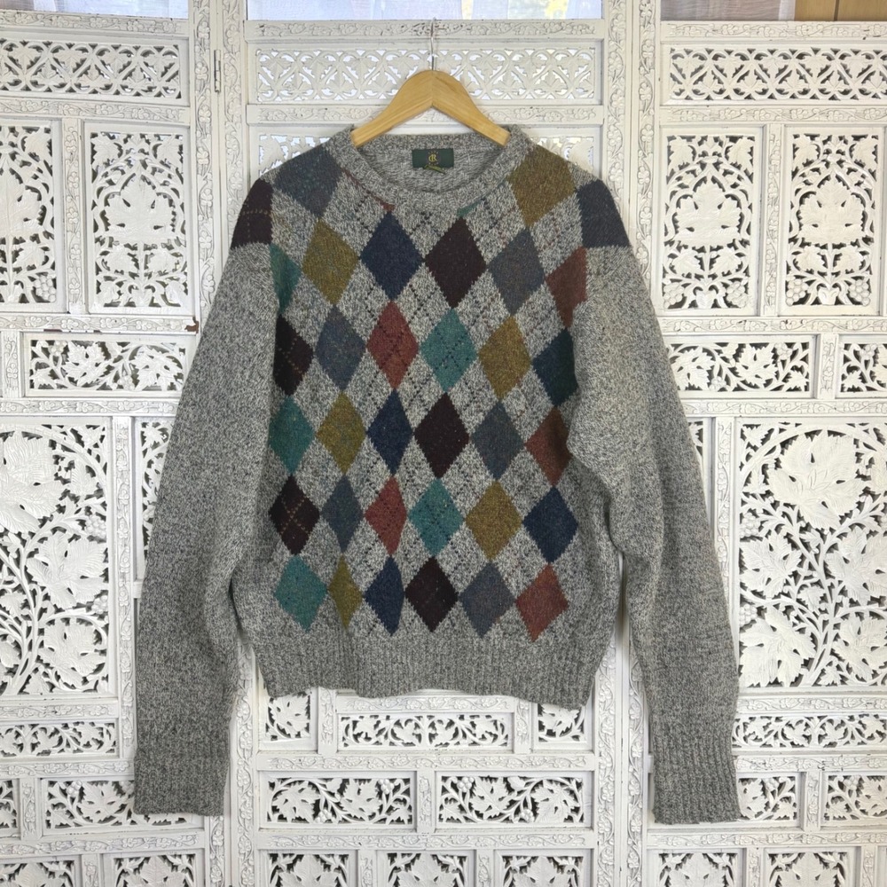 Vtg 100% Wool Argyle Diamond Grandpa Sweater Mens Large Retro Granny Chunky
